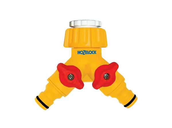 Hozelock Dual Tap Connector in yellow plastic, with a white threaded top, two red control knobs and twin hose outlets.