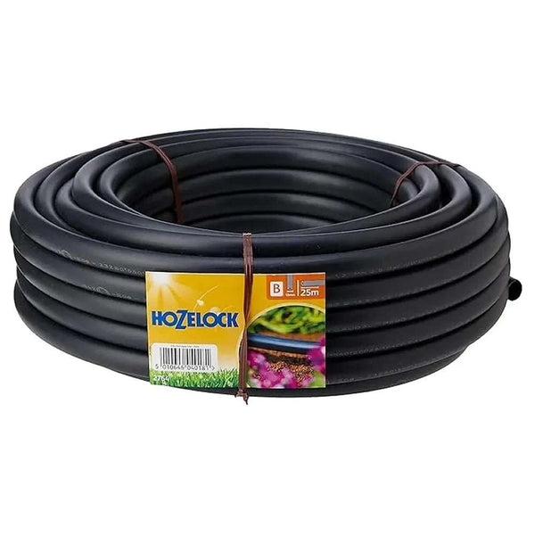 Hozelock 25m 13mm Supply Tube, coiled black flexible irrigation hose with a smooth, unpatterned finish and product label.