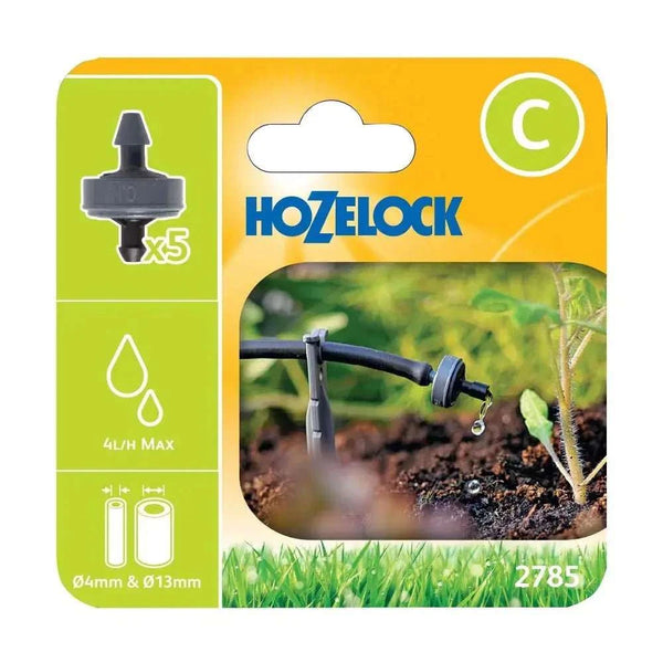 Hozelock End of Line Dripper, black plastic irrigation fitting with a barbed connector and adjustable nozzle; pack of five.