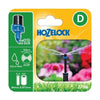 Hozelock Micro Spray Strip Jet in blue and black plastic, shown on packaging with a narrow fan-shaped water spray.