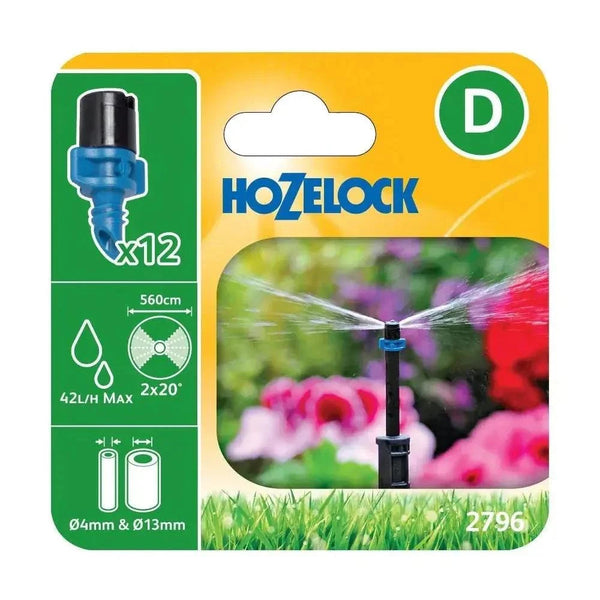 Hozelock Micro Spray Strip Jet in blue and black plastic, shown on packaging with a narrow fan-shaped water spray.