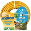 Hozelock 50m Garden Hose, bright yellow flexible hose with dark stripes, coiled with a blue and yellow Tricoflex label.