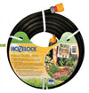 Hozelock Porous Soaker Hose, black porous hose coiled with orange connectors, white straps and a branded label.