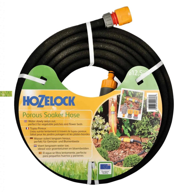 Hozelock Porous Soaker Hose, black porous hose coiled with orange connectors, white straps and a branded label.
