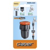 Claber garden hose fitting on a blue and orange packaging with RainJet branding.