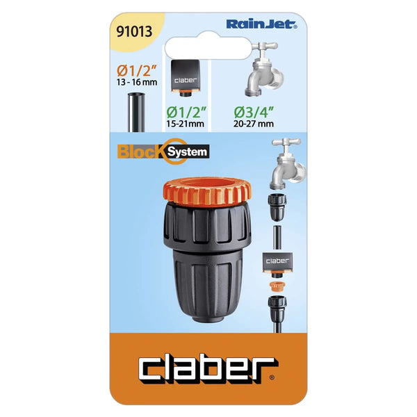 Claber garden hose fitting on a blue and orange packaging with RainJet branding.