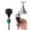 Hand holding a garden hose connector with a faucet on a white background