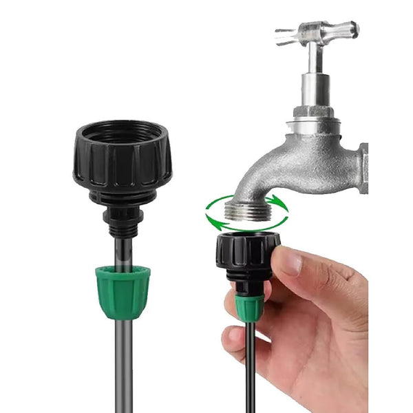 Hand holding a garden hose connector with a faucet on a white background