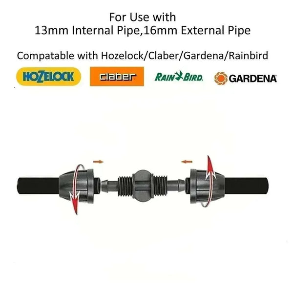 Pipe connector with compatibility information for Hozelock, Claber, Gardena, and Rainbird on a white background.