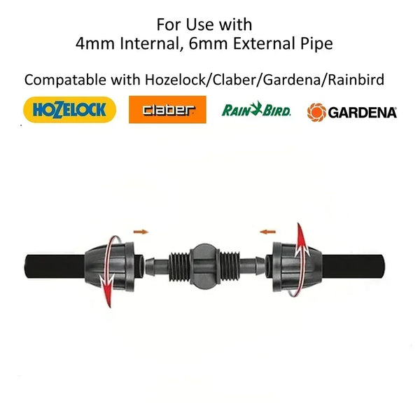 Pipe connector with compatibility information for Hozelock, Claber, Gardena, and Rainbird on a white background.