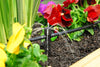 Drip irrigation system watering colorful flowers in a garden bed.