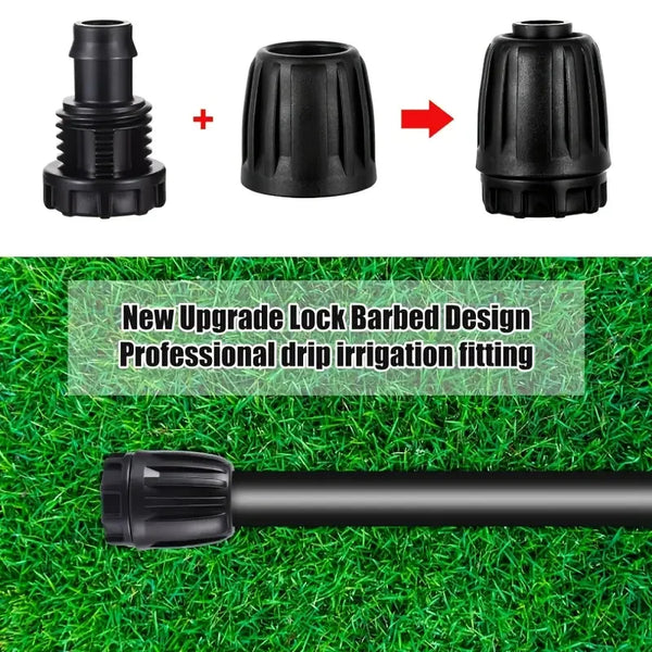Drip irrigation fitting with lock barbed design on a grass background