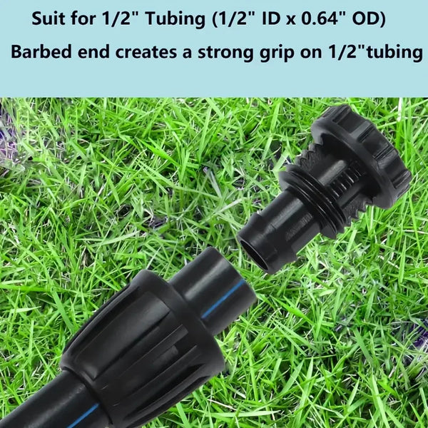 Black irrigation fitting on grass with text about tubing compatibility