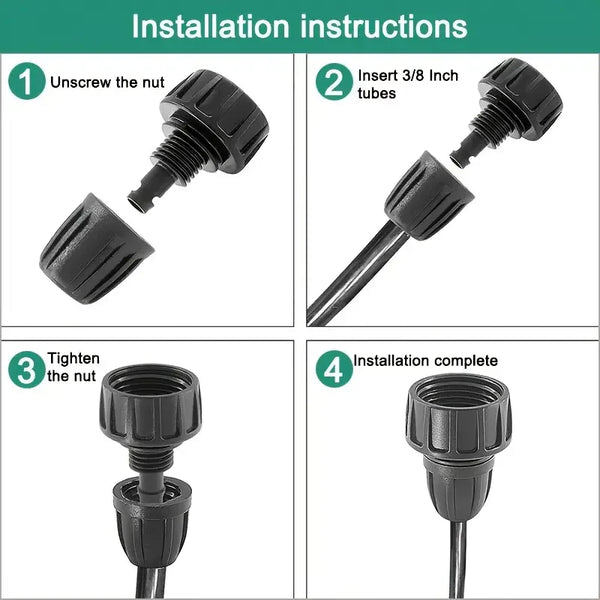 Step-by-step installation instructions for a black garden fitting with text overlay.