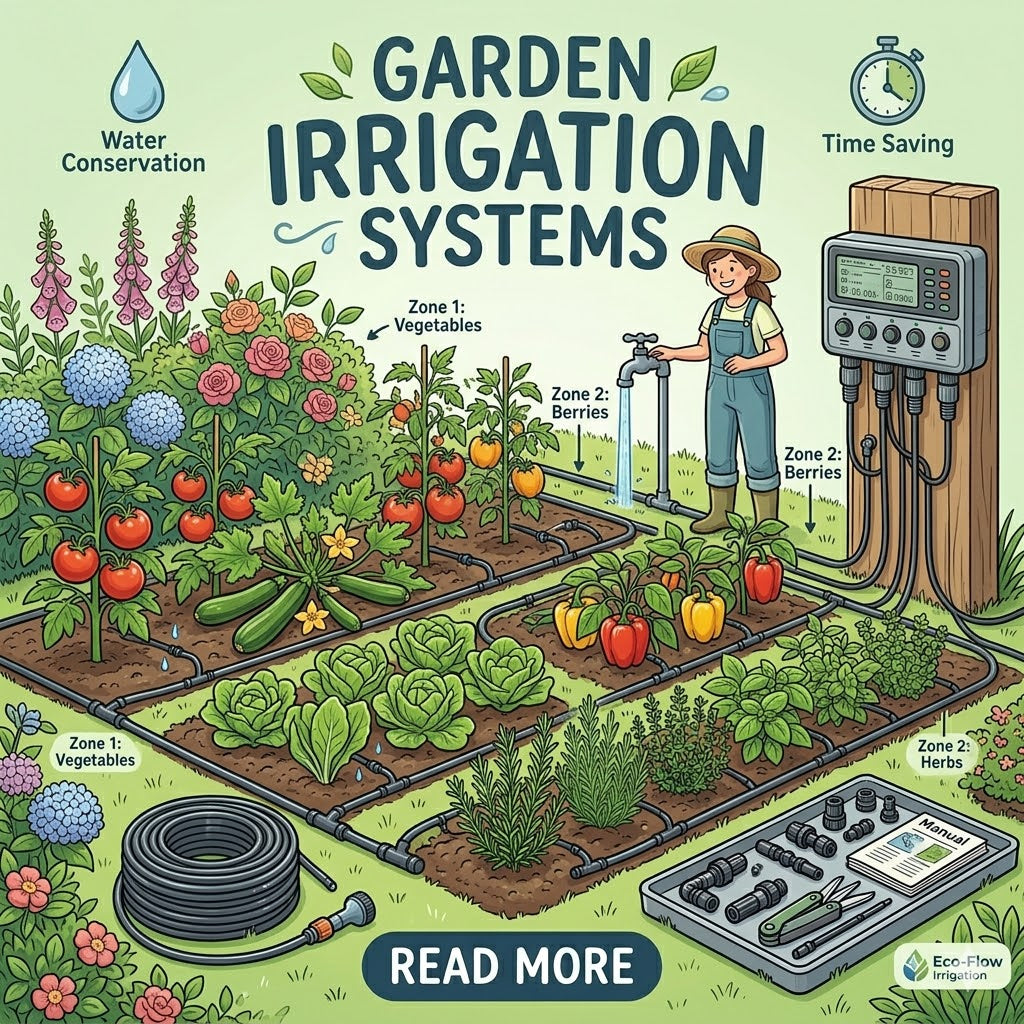 Illustration of a garden with irrigation system components and text about water conservation and time-saving.