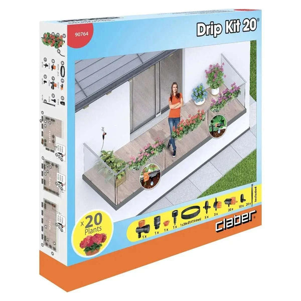 Claber Drip Irrigation Starter Kit in a blue and orange cardboard box, featuring a 20-plant watering system and fittings.