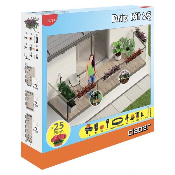 Claber Drip Kit 25 packaging with a woman on a balcony and plants.