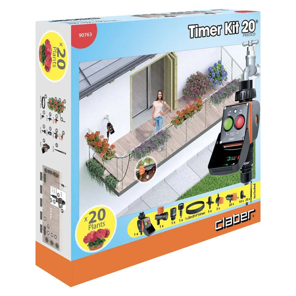 Claber Pratico Timer Kit 20 packaging with garden scene and product illustration