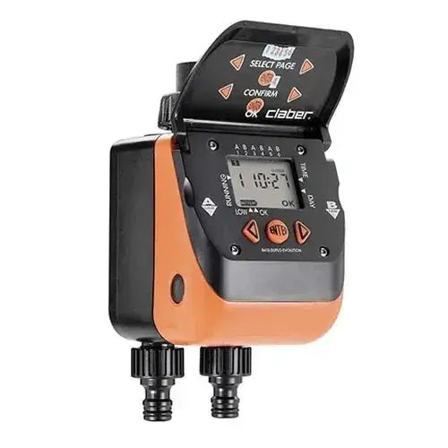Claber Aquadue Duplo: 2-Way Timer for Efficient Garden Irrigation.