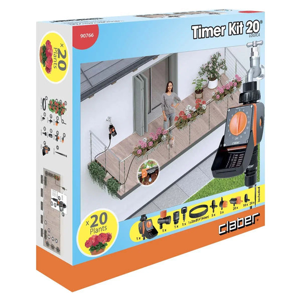 Claber Timer Kit 20 packaging with garden scene illustration on a white background