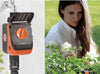 Claber timer device on the left and a woman tending to plants on the right.