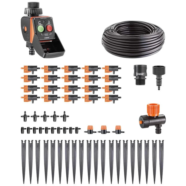 Claber Drip irrigation system components including a controller, tubing, emitters, and drippers on a white background.