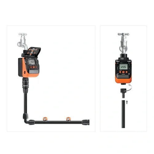 Two digital controllers with hoses on a white background