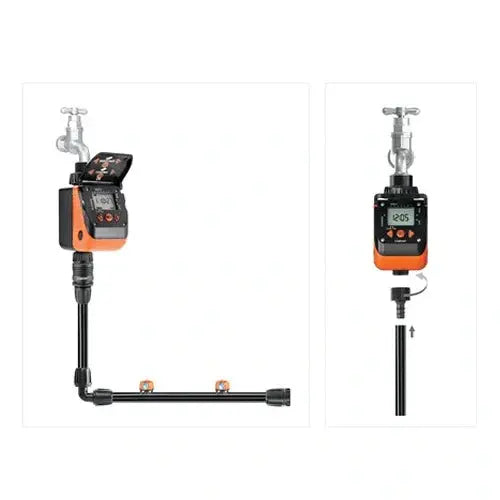 Two digital controllers with hoses on a white background