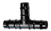 Black plastic irrigation tee fitting on a white background