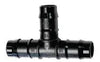 Black plastic irrigation tee fitting on a white background