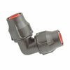 The Palaplast Drip Line Elbow for 16/17mm Pipe is a gray plastic fitting with two angled connectors and orange inner rings, designed for joining pipes at a 90-degree angle in plumbing, 16mm drip lines, or garden watering systems such as drip irrigation.
