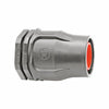 A Palaplast Drip Line Stop End for 16/17mm pipe, made of gray plastic with a red inner ring and embossed AK lettering, features grip-enhancing ridges and is photographed on a white background—perfect as an end plug for drip irrigation or garden watering systems.