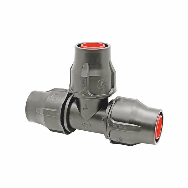 The Palaplast Drip Line Tee Connector for 16/17mm Pipe is a gray plastic fitting with three openings, each featuring red inner rings, designed as a tee adapter for irrigation drip lines in garden watering systems, shown isolated on a white background.