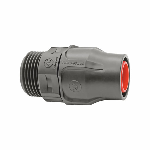 Palaplast Drip Line Threaded Male Connector 3/4″ for 16/17mm pipe, featuring a black plastic body with a threaded end and red inner ring, ideal for plumbing, drip irrigation, or garden watering systems. Suitable for connecting 16mm or 17mm drip line elbows. Isolated on a white background.