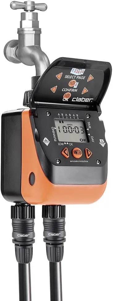 Claber Duplo 8410 Digital controller with two black hoses attached on a white background