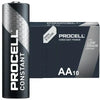 A ProCell Constant AA10 battery shown in front of its retail box on a plain white background. The battery is black with a silver geometric pattern and white branding, and the box is dark gray with matching branding and text indicating it is for low drain devices.