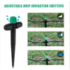 Adjustable drip irrigation emitter with installation and water distribution images on a white background.
