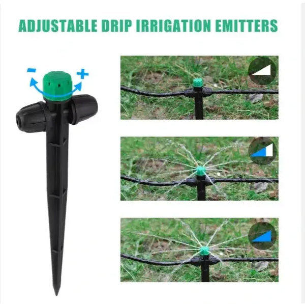 Adjustable drip irrigation emitter with installation and water distribution images on a white background.