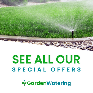 Sprinkler watering grass with promotional text for GardenWatering