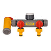 Hozelock Flowmax 3-Way Tap Connector with a dark grey plastic body, yellow elbow and red rotary controls.