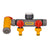 Hozelock Flowmax 3-Way Tap Connector with a dark grey plastic body, yellow elbow and red rotary controls.