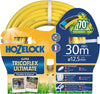 Hozelock Super Tricoflex Ultimate garden hose packaging with yellow hose and blue label.