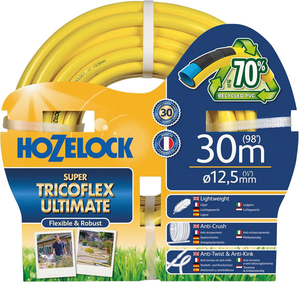 Hozelock Super Tricoflex Ultimate garden hose packaging with yellow hose and blue label.