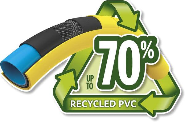 Logo with recycling symbol and '70% recycled PVC' text on a white background