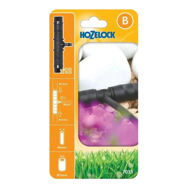 Hozelock T-Fittings black plastic T-shaped irrigation connectors, with barbed ends and a 4mm outlet, pack of 12