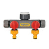Hozelock 2 way garden valve on a white background