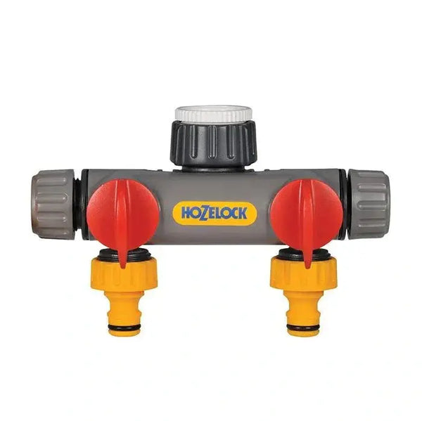 Hozelock 2 way garden valve on a white background