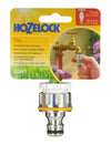 Hozelock 2041 threaded tap connector on a white background with packaging showing a garden scene.
