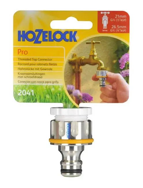 Hozelock 2041 threaded tap connector on a white background with packaging showing a garden scene.