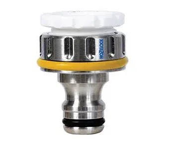 Hozelock pro Metal fitting with white top and yellow middle section on a white background